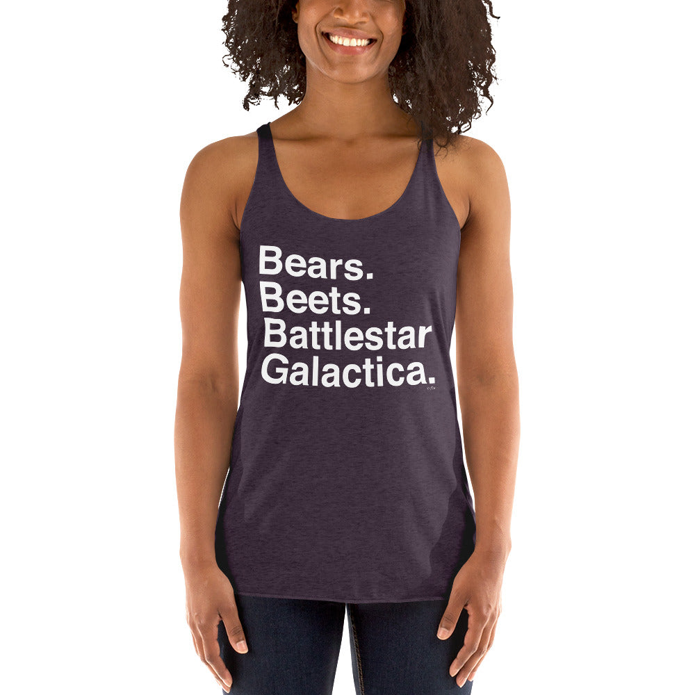 Bears. Beets. BSG. Women's Racerback Tank-Moneyline
