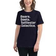 Bears. Beets. BSG. Women's Relaxed T-Shirt-Moneyline